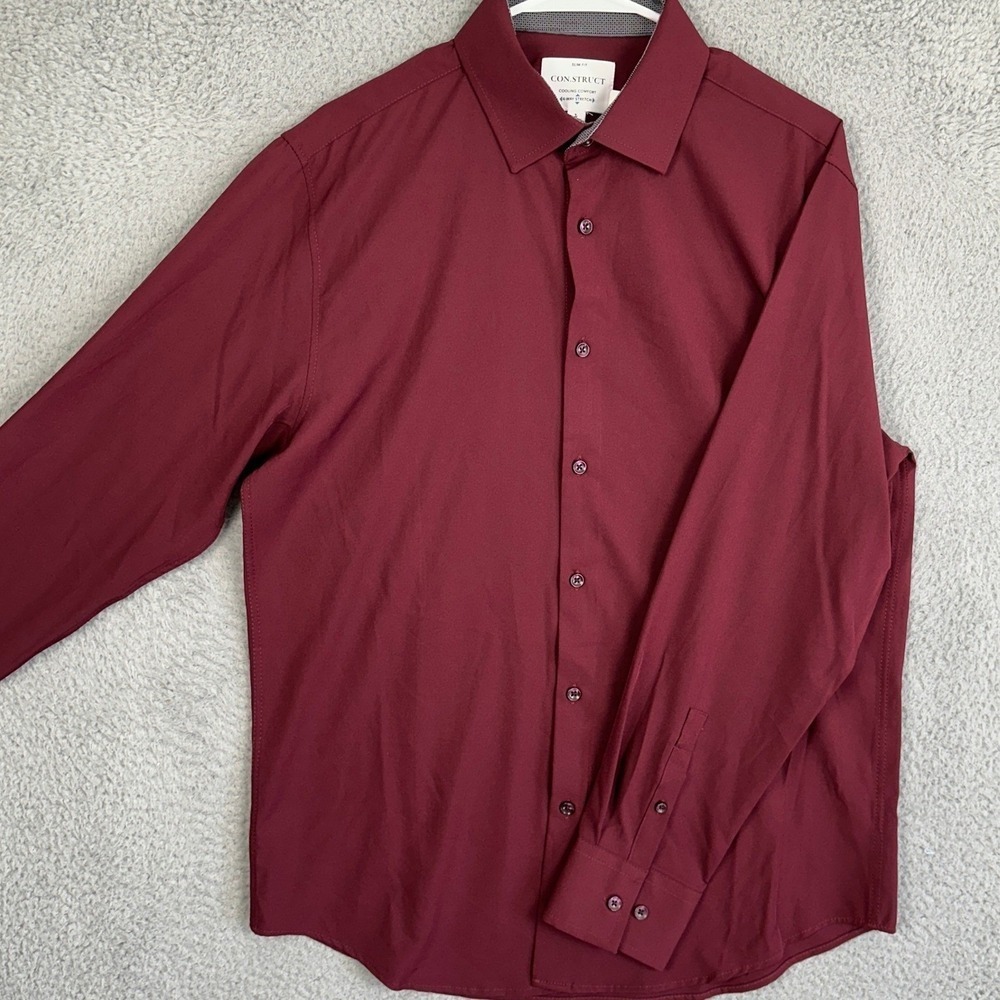 NEW Con.Struct Shirt Men Large 16-16.5 34-35 Maroon Slim Fit Dress 4-Way Stretch